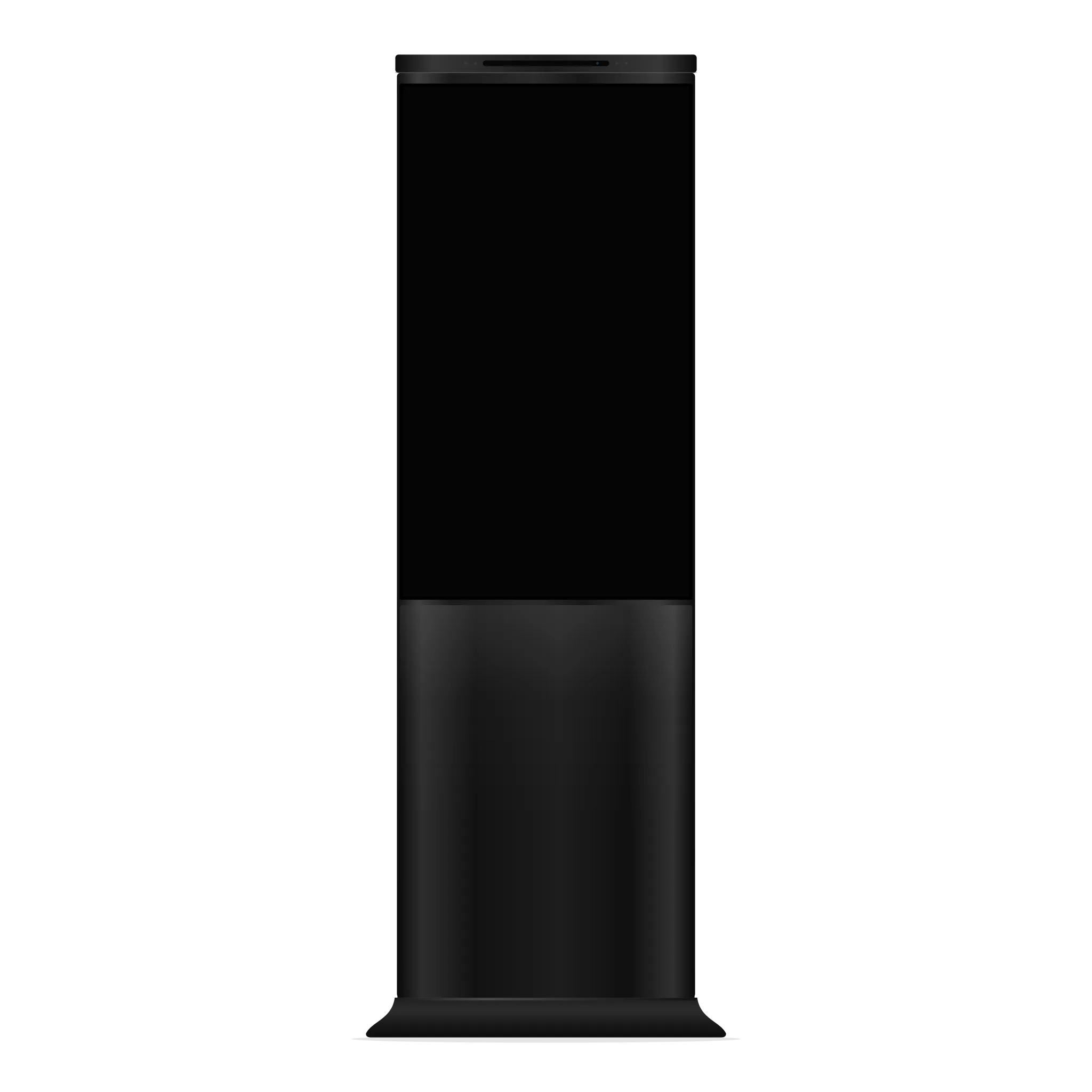 A front-facing 43-inch Versi Indoor Freestanding Kiosk with the HD camera and sound bar on top, showing the RAVO interface.