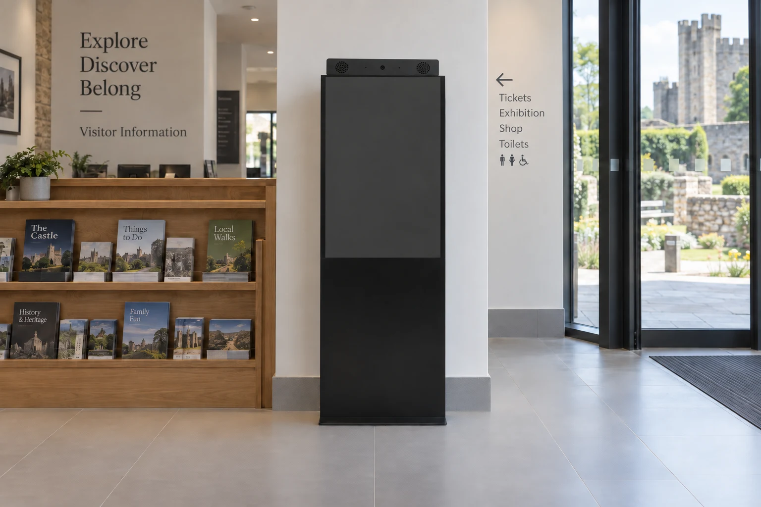 Illustrative attractions installation with a front-facing Versi Indoor / freestanding. Communication bar directly on the display chassis.