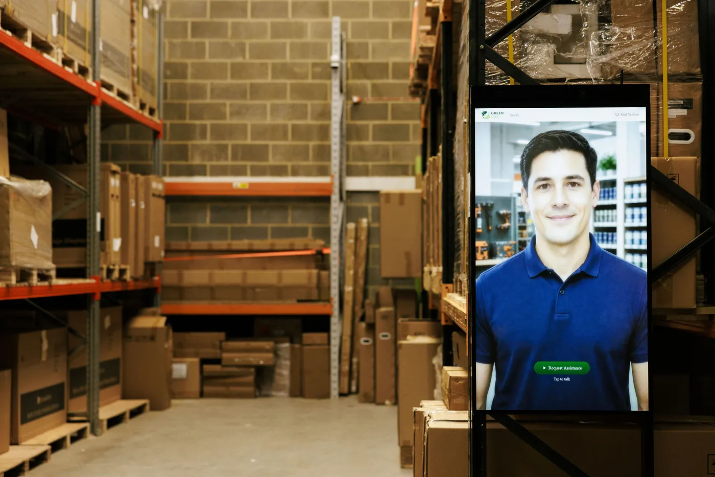 A RAVO kiosk standing in a warehouse aisle, idle and ready for a visitor