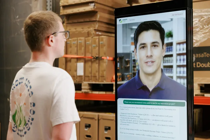 A visitor talking with the RAVO presenter on a kiosk screen